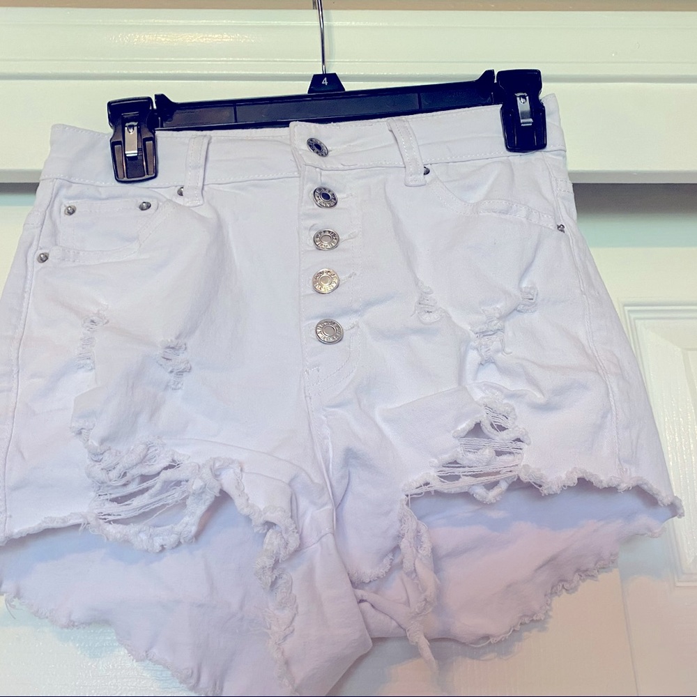 SHEIN destressed bottom up white shorts
